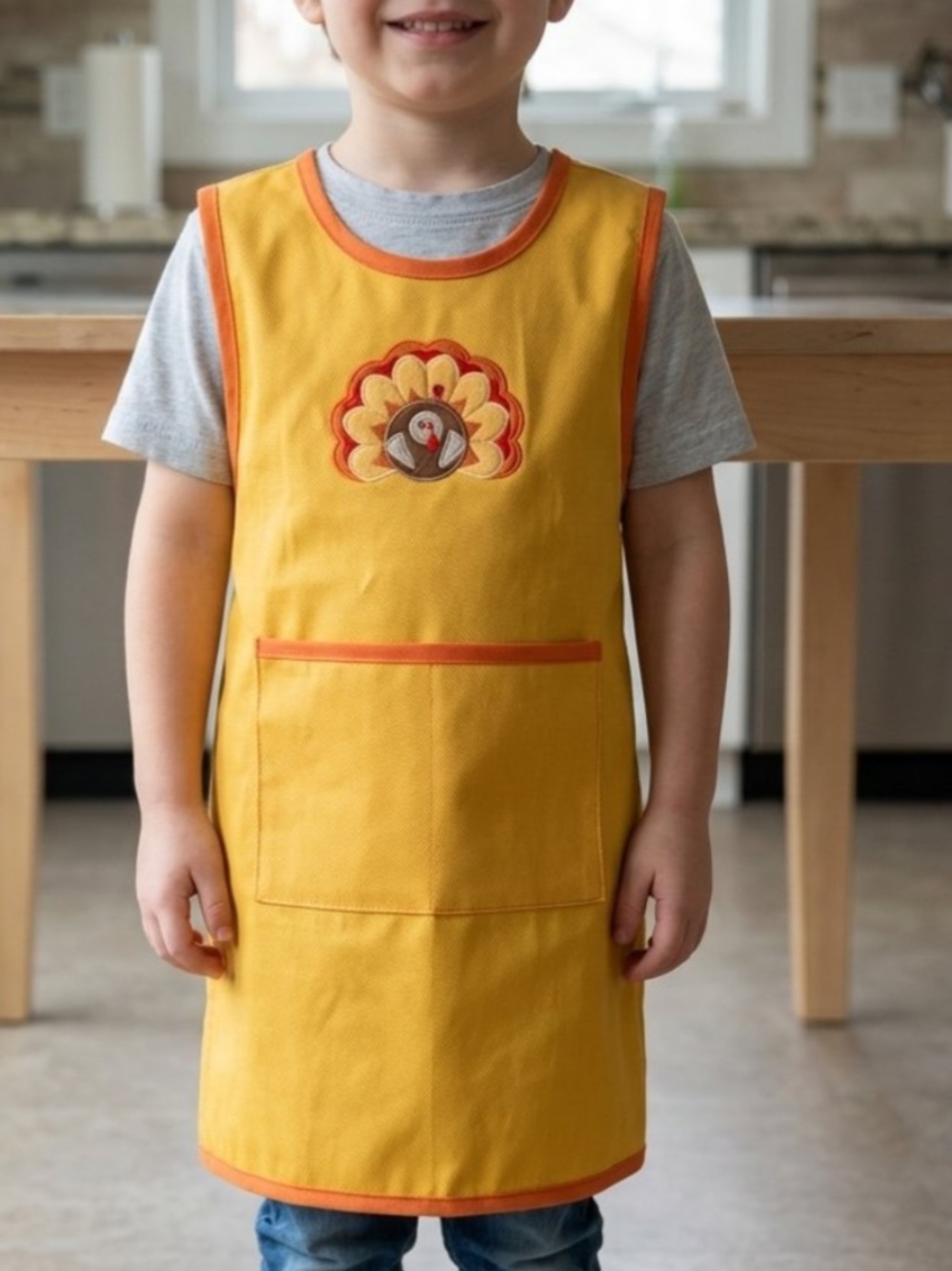 Williams Sonoma Yellow Kids Bib Apron with Orange Trim and Turkey Applique